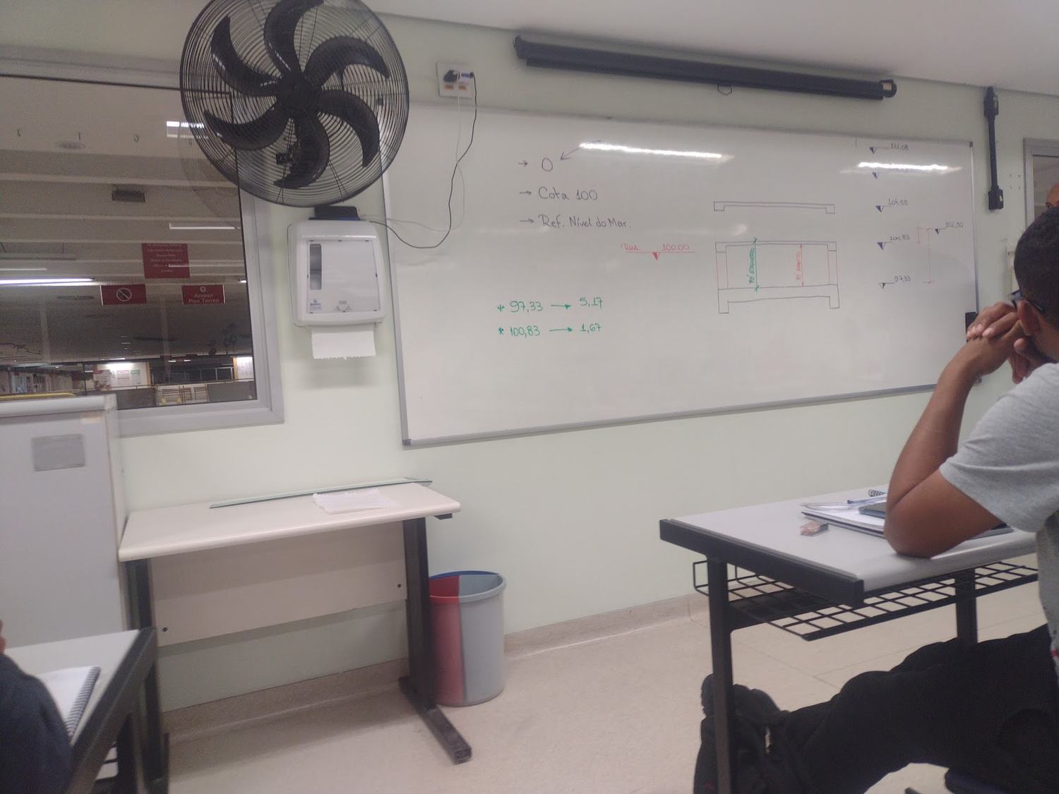 Ambiente interno da empresa: quadro branco com anotações e cotas escritas à mão, ventilador de parede e uma pessoa sentada à mesa de frente para o quadro.